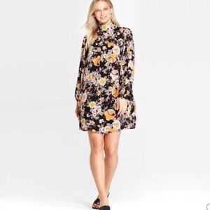 Who What Where‎ Midnight Garden Black Floral Print Long Sleeve Dress S